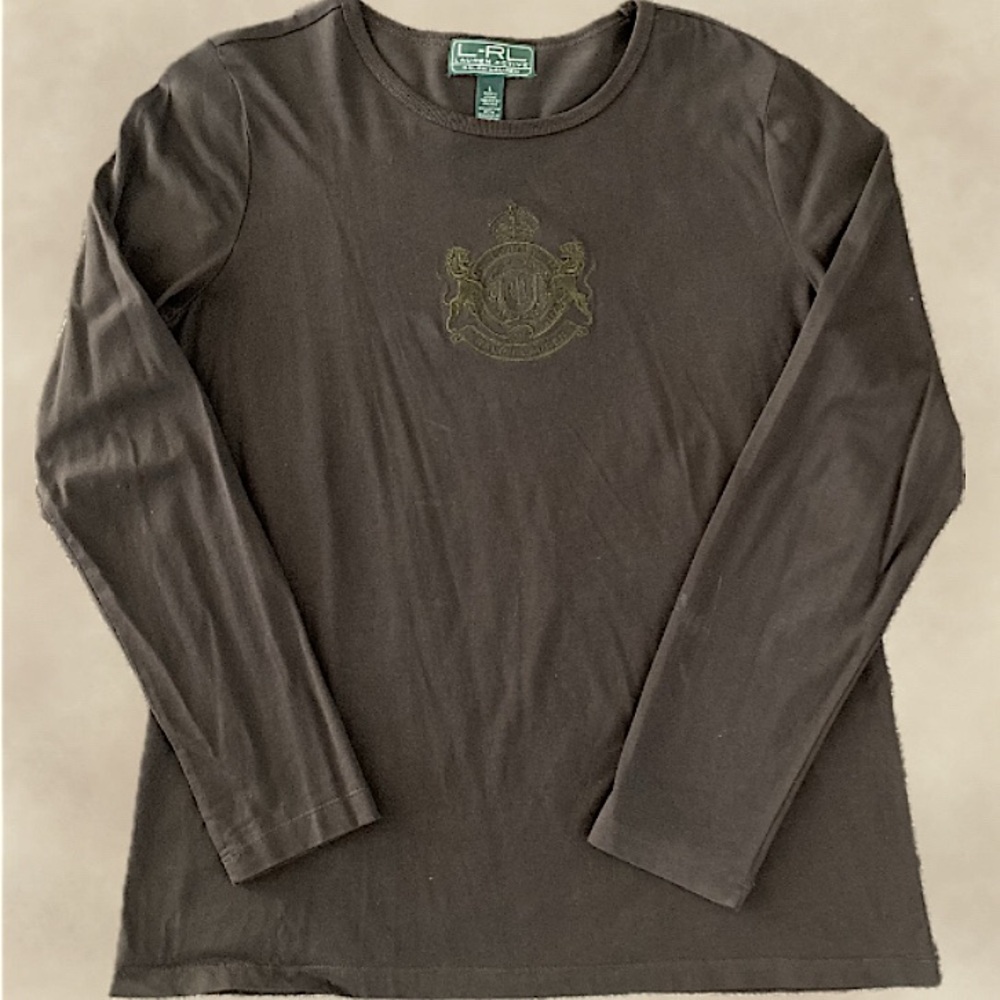 LAUREN ACTIVE RALPH LAUREN Long Sleeved Crewneck Shirt Royal Crest Size L Brown